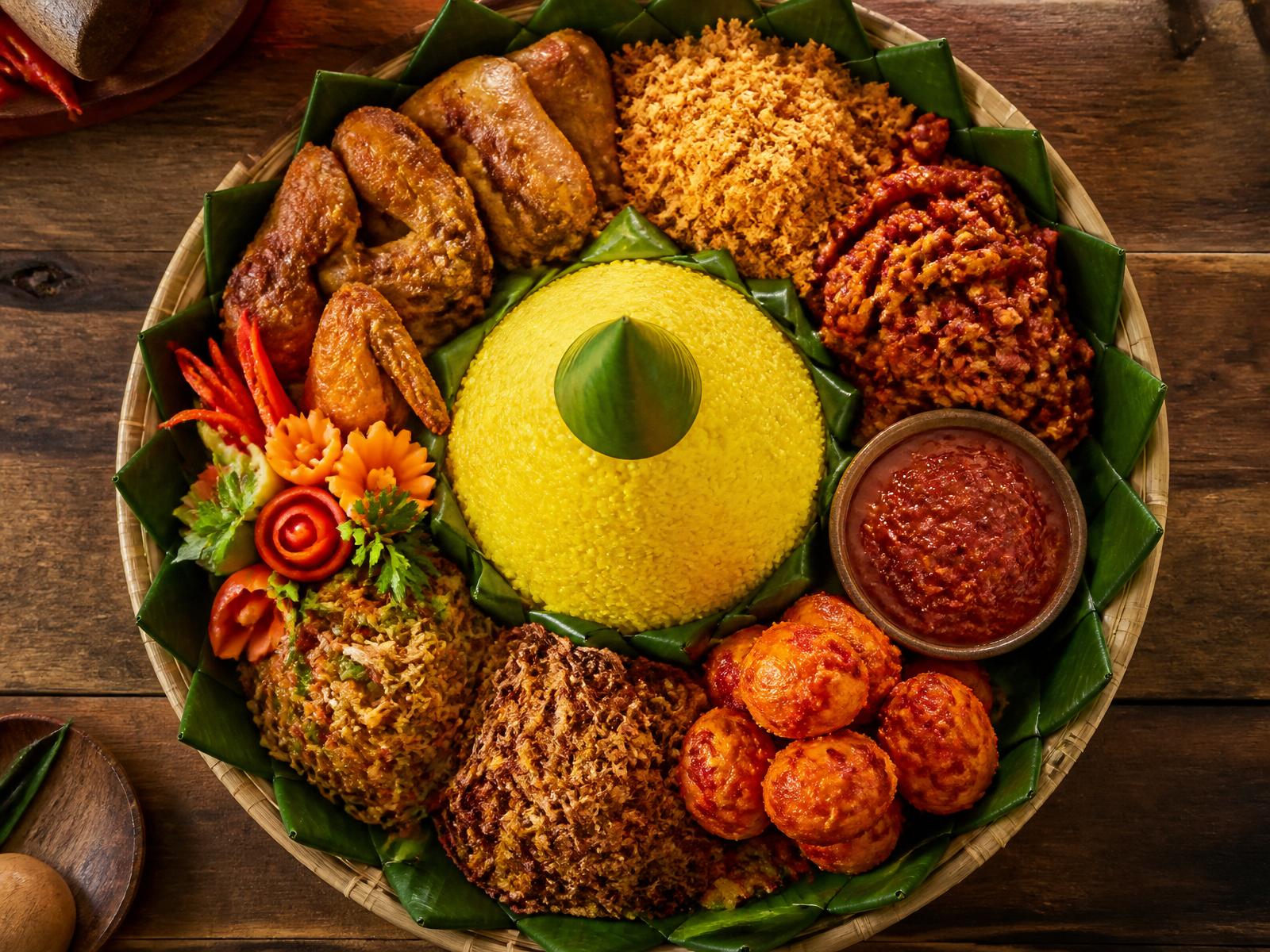 Tumpeng Nasi Kuning Kalimantan dengan lauk lengkap